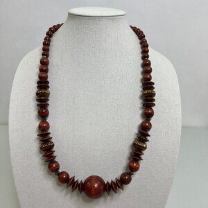 Wood Beaded Necklace Ball Long Statement Boho Ethnic Tribal Brown Gold Tone Used